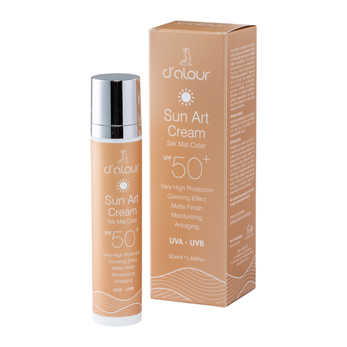 d’alour Sun Art Cream SPF 50+ Silk Mat Color (Natural tint) Antiliaki Krema upsilis Prostasias me Xroma 50 ml