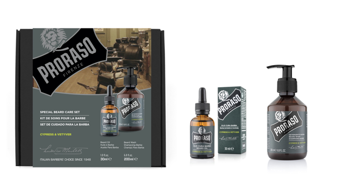 Proraso  Duo Pack Beard Gift Set Cypress and Vetyver, Beard Oil & Beard Shampoo 