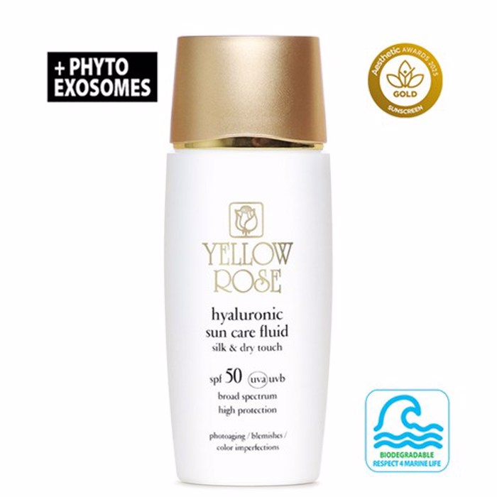 Yellow Rose HYALURONIC SUN CARE FLUID SPF50 silk & dry touch Enudatiko kai antirutidiko antiliako glaktoma prosopou kata ton dusxromion me exairetika analafri kai droseri ufi 50ml